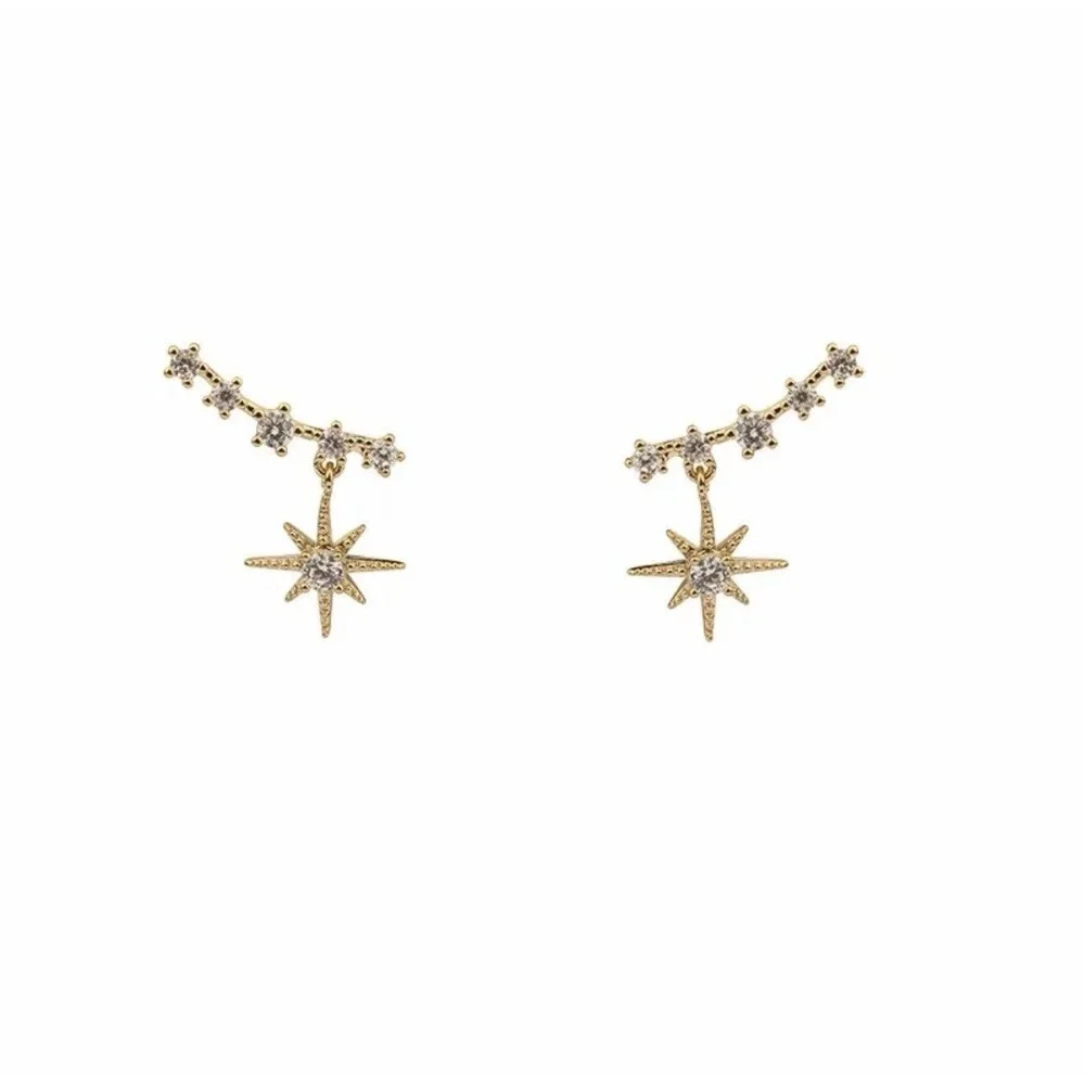 Gold Starburst CZ Drop Earrings‎ Dainty Celestial Earrings New